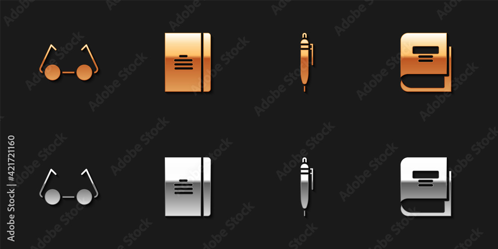 Set Glasses, Spiral notebook, Pen and Book icon. Vector Set Glasses, Spiral notebook, Pen and Book icon. Vector