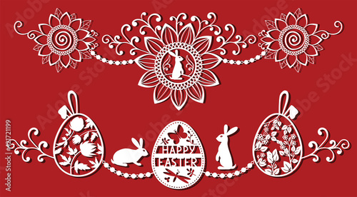Easter eggs set with rabbit, butterfly, flower. White ornamental eggs for laser cutting on red background. Icons for greeting card