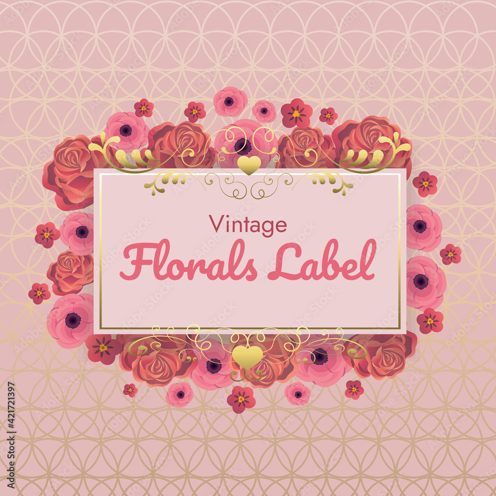 pink rose fream and gold elements labels for wedding card or thank you card