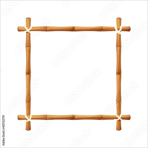 Bamboo border frame with rope in cartoon style, decoration isolated on white background stock vector illustration. Hawaiian, tribal blank from sticks.