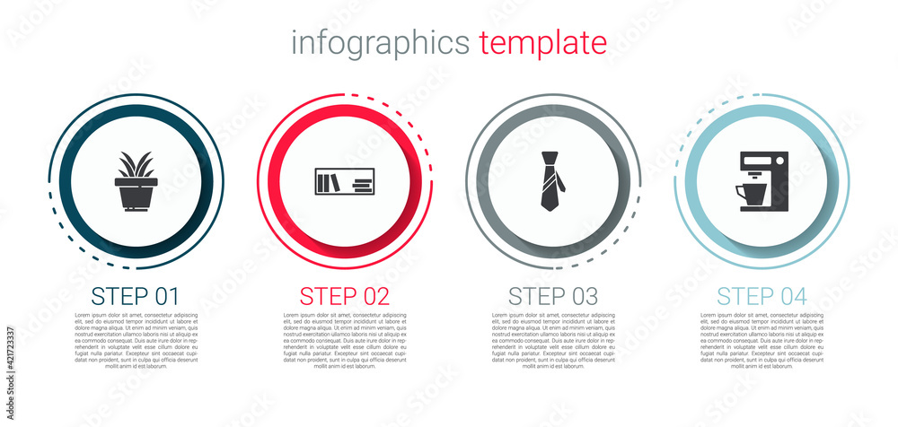 Set Plant in pot, Shelf with books, Tie and Coffee machine. Business infographic template. Vector Set Plant in pot, Shelf with books, Tie and Coffee machine. Business infographic template. Vector