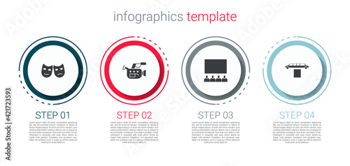 Set Comedy and tragedy masks, Cinema camera, auditorium with screen and Limousine car carpet. Business infographic template. Vector