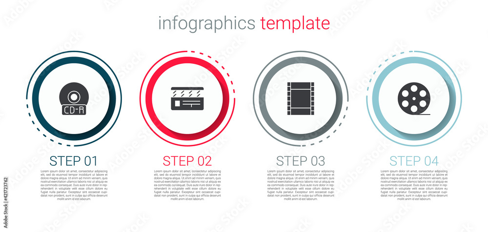 Set CD or DVD disk, Movie clapper, Play Video and Film reel. Business infographic template. Vector