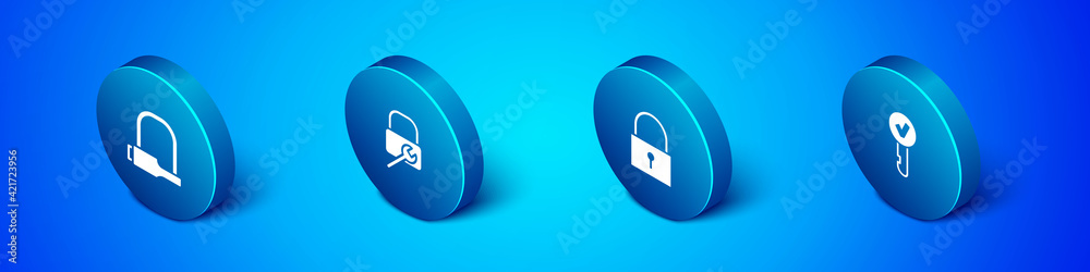 Set Isometric Bicycle lock, Lock, Key and repair icon. Vector Set Isometric Bicycle lock, Lock, Key and repair icon. Vector