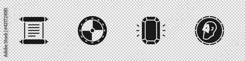 Set Decree, parchment, scroll, Round wooden shield, Diamond and Ancient coin icon. Vector