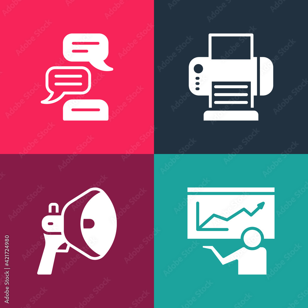 Set pop art Training, presentation, Megaphone, Printer and Speech bubble chat icon. Vector