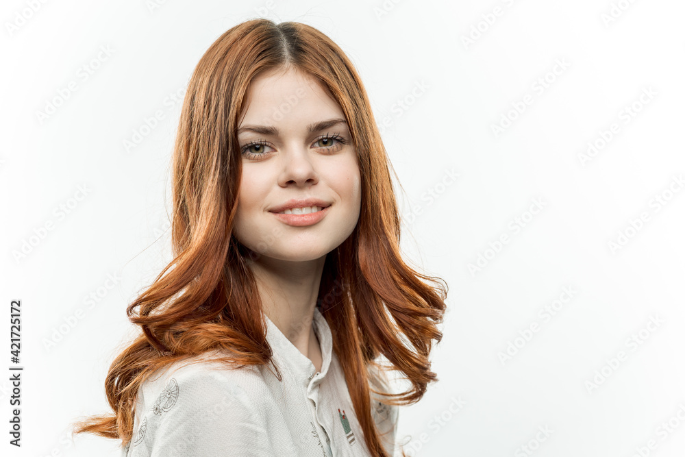 attractive woman red hair glamor emotion cropped view attractive woman red hair glamor emotion cropped view