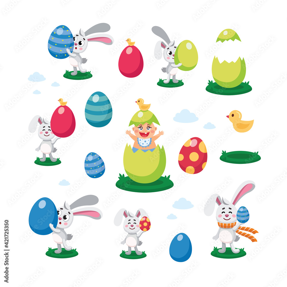 Happy easter, egg hunt flat kid's vector illustrations. Set of easter  elements - bannies, hares, rabbits, newborn baby, painted eggs. Colorful flat vector illustrations isolated on white background