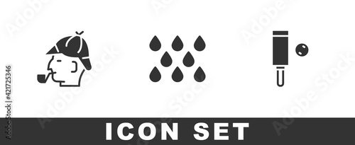 Set Sherlock Holmes, Water drop and Wood cricket bat and ball icon. Vector