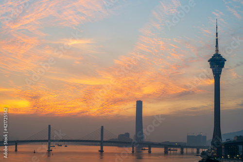 Macau Sai Van bridge and Macau Tower at Evening