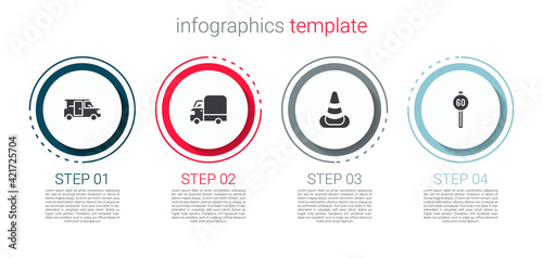 Set Minibus, Delivery cargo truck, Traffic cone and Speed limit traffic. Business infographic template. Vector