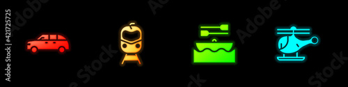 Set Hatchback car, Train and railway, Boat with oars and Helicopter icon. Vector