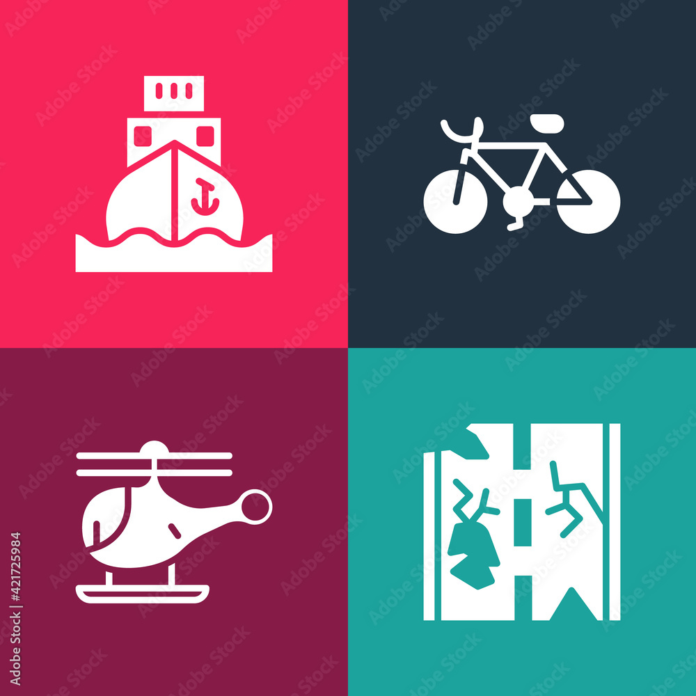 Set pop art Broken road, Helicopter, Bicycle and Cargo ship icon. Vector Set pop art Broken road, Helicopter, Bicycle and Cargo ship icon. Vector