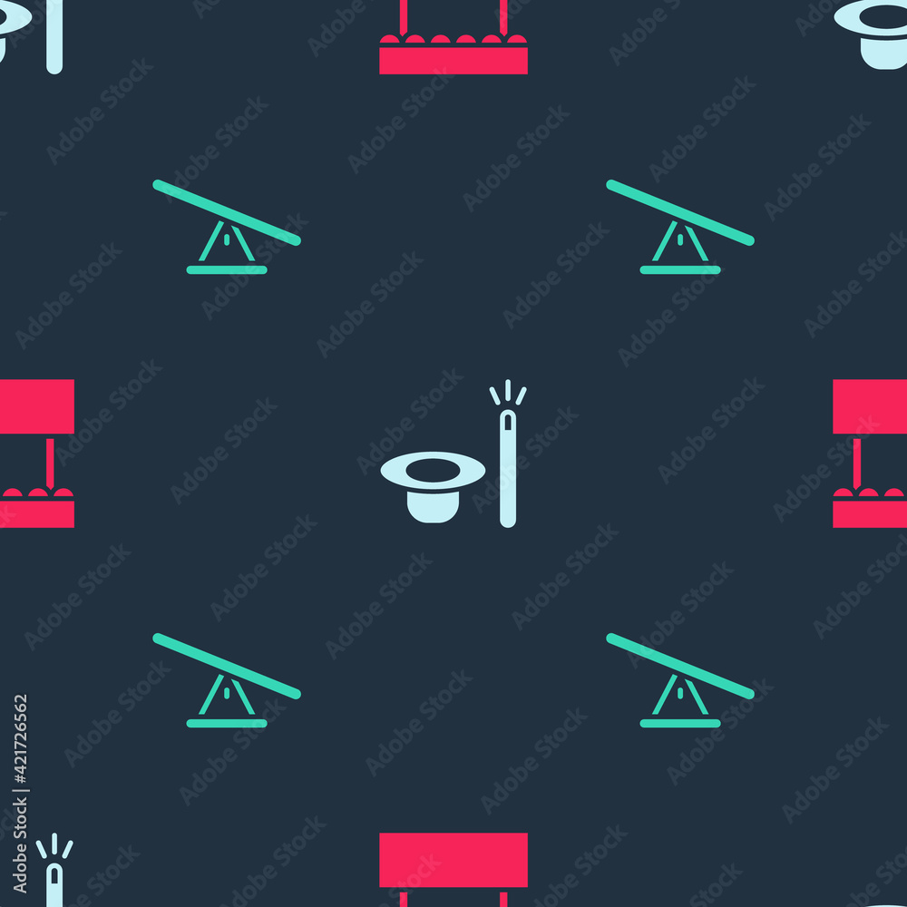 Set Ticket box office, Magic hat and wand and Seesaw on seamless pattern. Vector Set Ticket box office, Magic hat and wand and Seesaw on seamless pattern. Vector