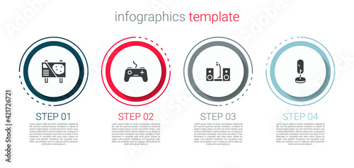 Set Amusement park billboard, Gamepad, Home stereo with two speakers and Tree. Business infographic template. Vector