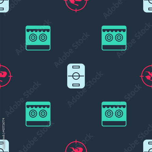 Set Hunt on rabbit with crosshairs, Hockey table and Shooting gallery on seamless pattern. Vector