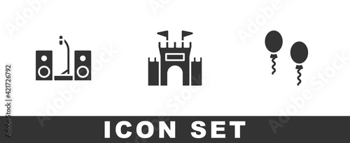Set Home stereo with two speakers, Castle and Balloons icon. Vector
