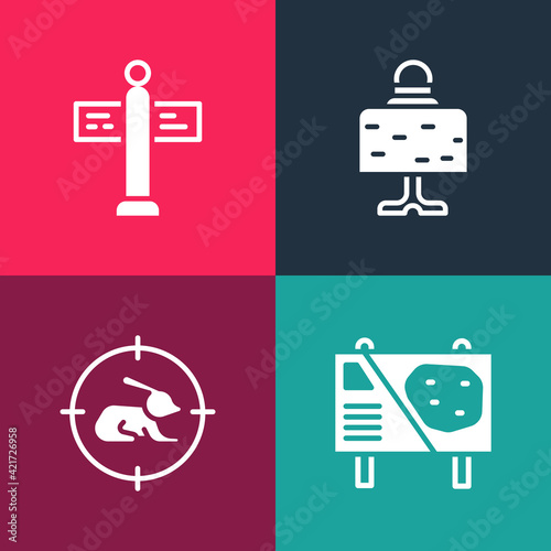 Set pop art Amusement park billboard, Hunt on rabbit with crosshairs, Magic ball table and Road traffic signpost icon. Vector