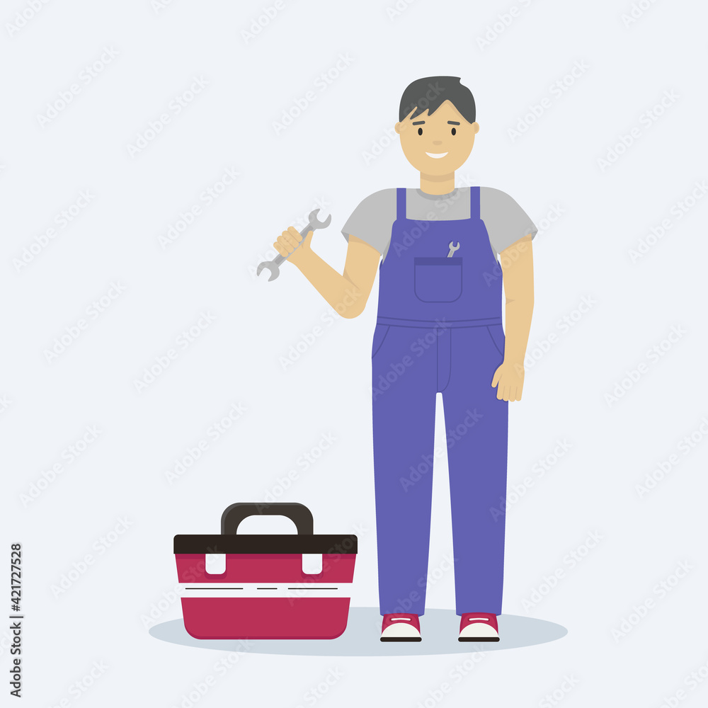 Flat illustration of male mechanic, repairman in overalls with wrench and tool case.