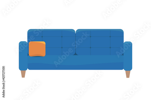 Illustration of a blue Scandinavian style sofa.