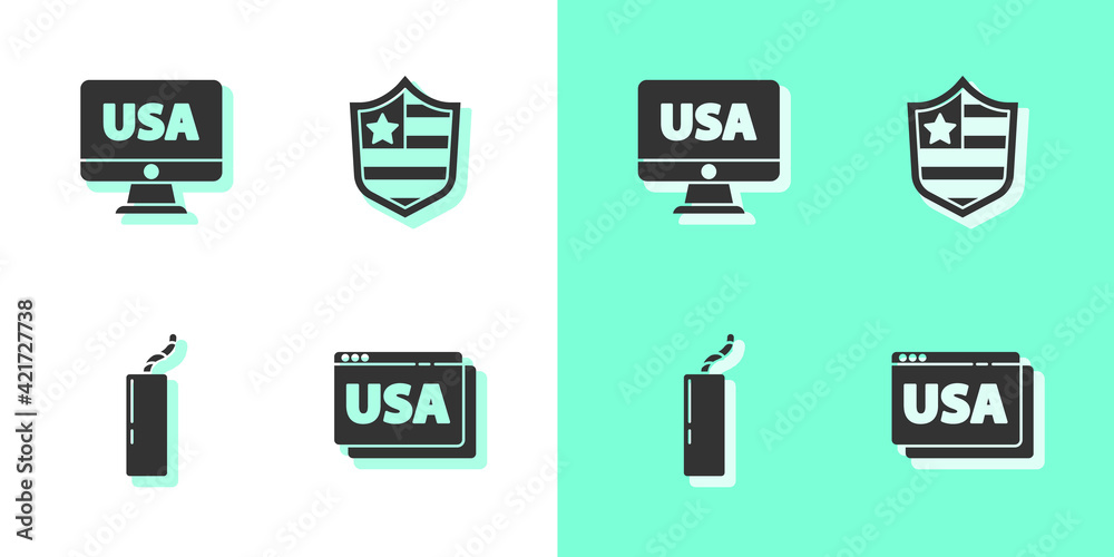 Set USA on browser, monitor, Dynamite bomb and Shield with stars icon. Vector Set USA on browser, monitor, Dynamite bomb and Shield with stars icon. Vector