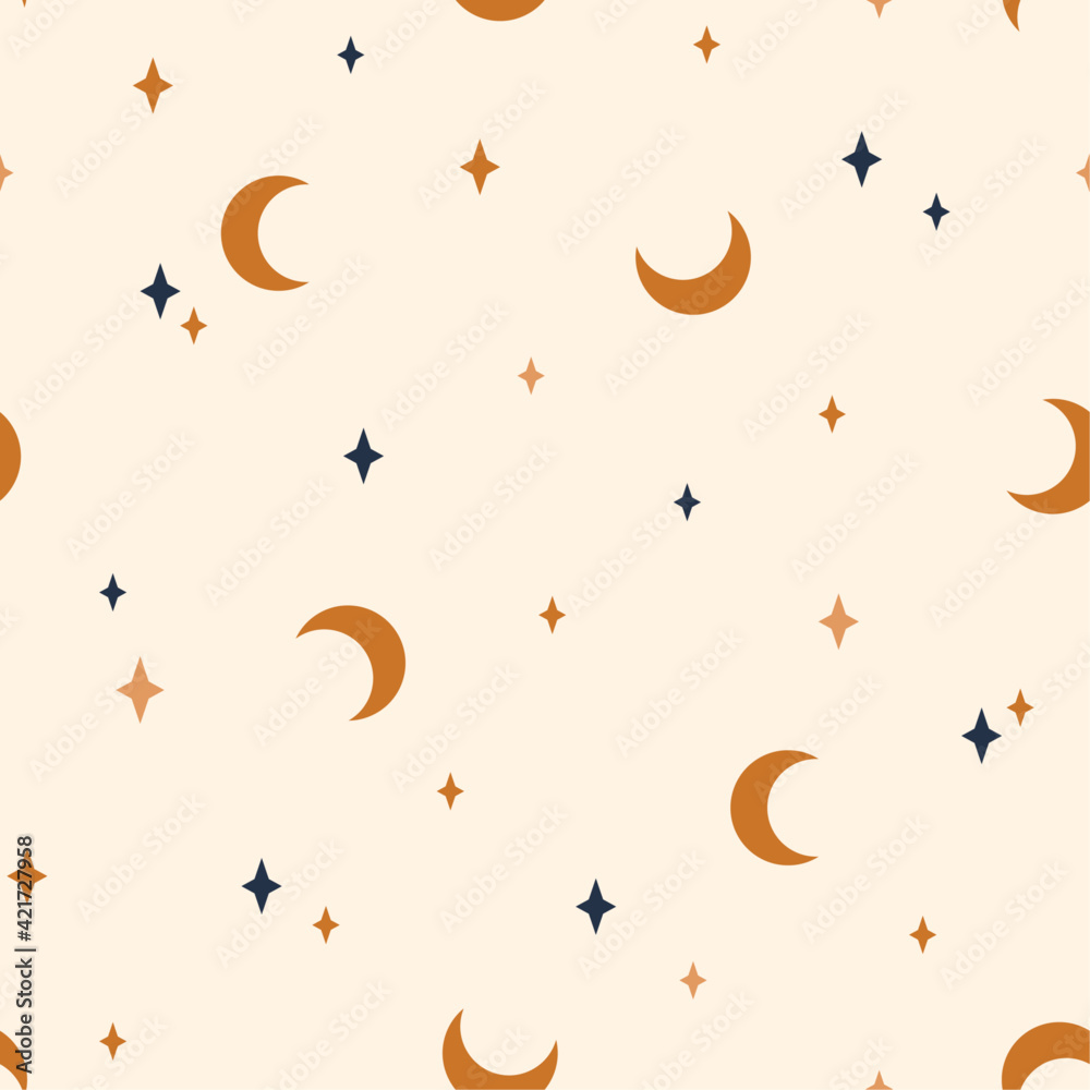 Seamless pattern with moon and stars.  Contemporary  composition. Boho wall decor. Mid century art print. Trendy texture for print, textile, packaging.