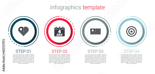 Set USA Independence day, Calendar with date July 4, American flag and star shield. Business infographic template. Vector