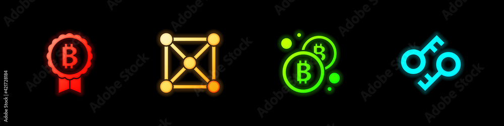Set Bitcoin, Blockchain technology, and Cryptocurrency key icon. Vector