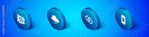 Set Isometric Video graphic card, Chain link, Mining bitcoin from mobile and Cryptocurrency cloud mining icon. Vector