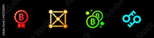 Set Bitcoin, Blockchain technology, and Cryptocurrency key icon. Vector