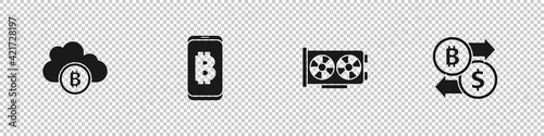 Set Cryptocurrency cloud mining, Mining bitcoin from mobile, Video graphic card and exchange icon. Vector