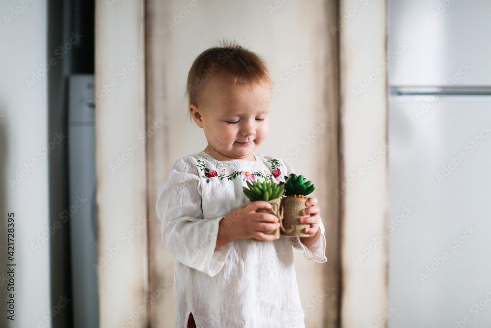 Caucasian baby toddler plays with flowers of succulents in small pots, stretches with pots of flowers. Children's curiosity and interest in plants Caucasian baby toddler plays with flowers of succulents in small pots, stretches with pots of flowers. Children's curiosity and interest in plants
