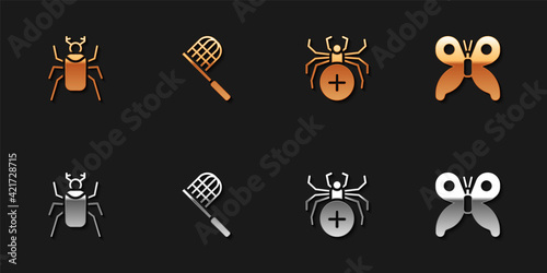 Set Beetle bug, Butterfly net, Spider and icon. Vector