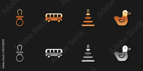 Set Baby dummy pacifier, Bus toy, Pyramid and Rubber duck icon. Vector