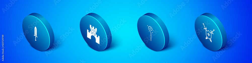 Set Isometric Medieval sword, Magic staff, shield with swords and Castle, fortress icon. Vector Set Isometric Medieval sword, Magic staff, shield with swords and Castle, fortress icon. Vector