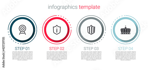 Set Target with arrow, Medieval shield sword, Shield and King crown. Business infographic template. Vector