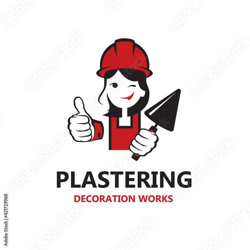 icon of lady plasterer in safety helmet with trowel in hand isolated on white background