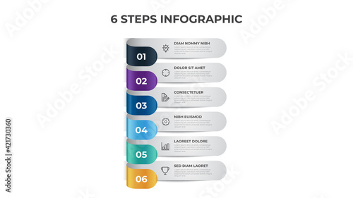 Colorful 6 points of steps, list layout diagram, infographic element template vector.