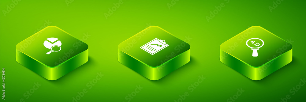 Set Isometric Clipboard with graph chart, Advertising and Magnifying glass and analysis icon. Vector Set Isometric Clipboard with graph chart, Advertising and Magnifying glass and analysis icon. Vector