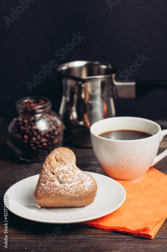 sweet biscuits coffee cup wooden table breakfast romance