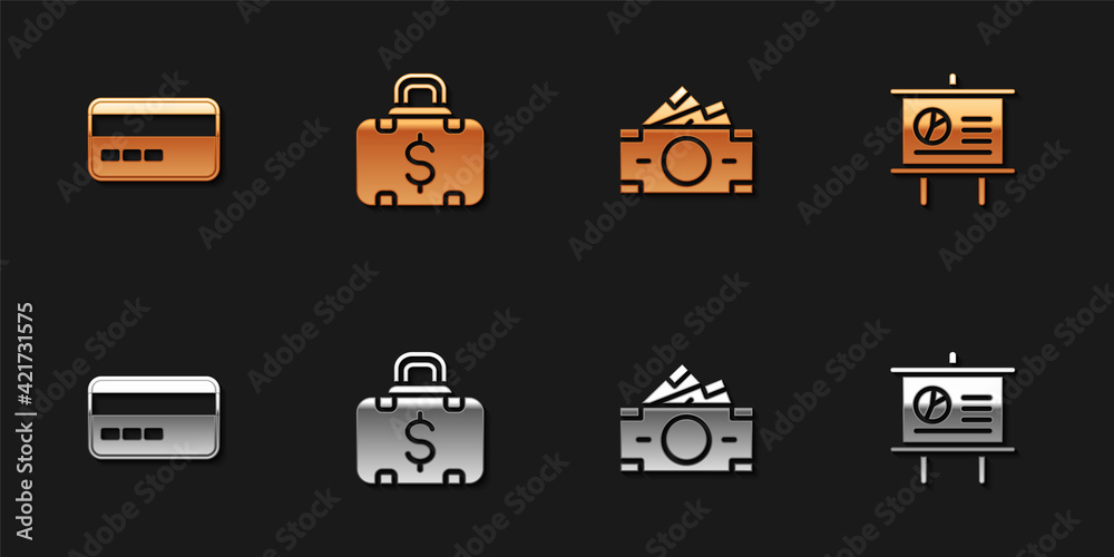 Set Credit card, Briefcase and money, Stacks paper cash and Chalkboard with diagram icon. Vector Set Credit card, Briefcase and money, Stacks paper cash and Chalkboard with diagram icon. Vector