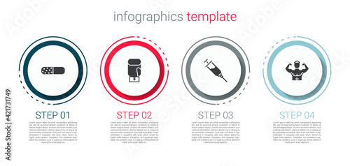 Set Vitamin pill, Boxing glove, Doping syringe and Bodybuilder muscle. Business infographic template. Vector