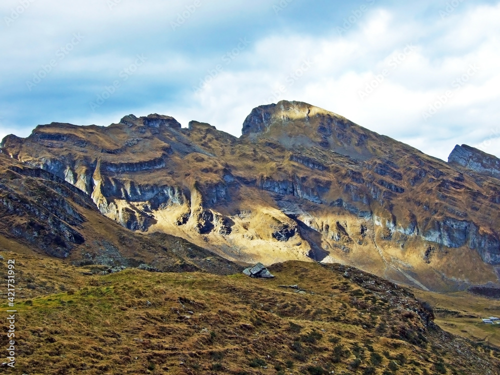 Rocky alpine peaks in the Alvier group mountain massif and over the ...