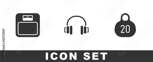Set Bathroom scales, Headphones and Kettlebell icon. Vector