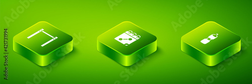 Set Isometric Calendar fitness, Bottle of water and Horizontal bar icon. Vector