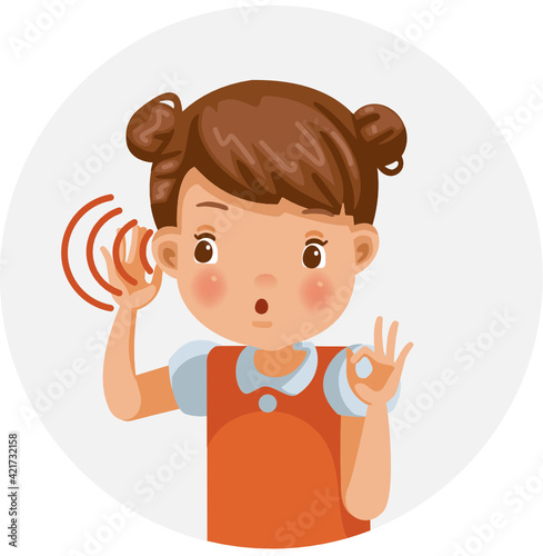 Listening little girl. Kid make a hand symbol okay. Child boy holds hand near ear. Children listens carefully.