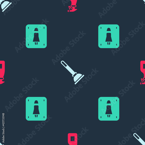 Set Cleaning spray bottle, Rubber plunger and Female toilet on seamless pattern. Vector