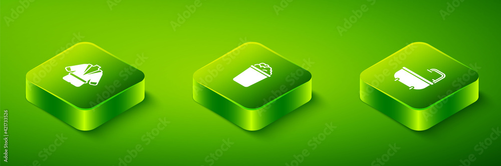 Set Isometric Bucket with soap suds, Bathtub and Bathrobe icon. Vector Set Isometric Bucket with soap suds, Bathtub and Bathrobe icon. Vector
