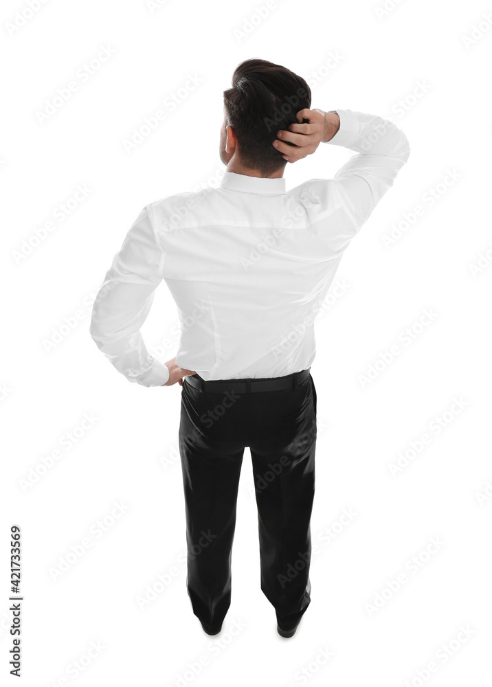 Businessman in formal clothes on white background, back view Businessman in formal clothes on white background, back view