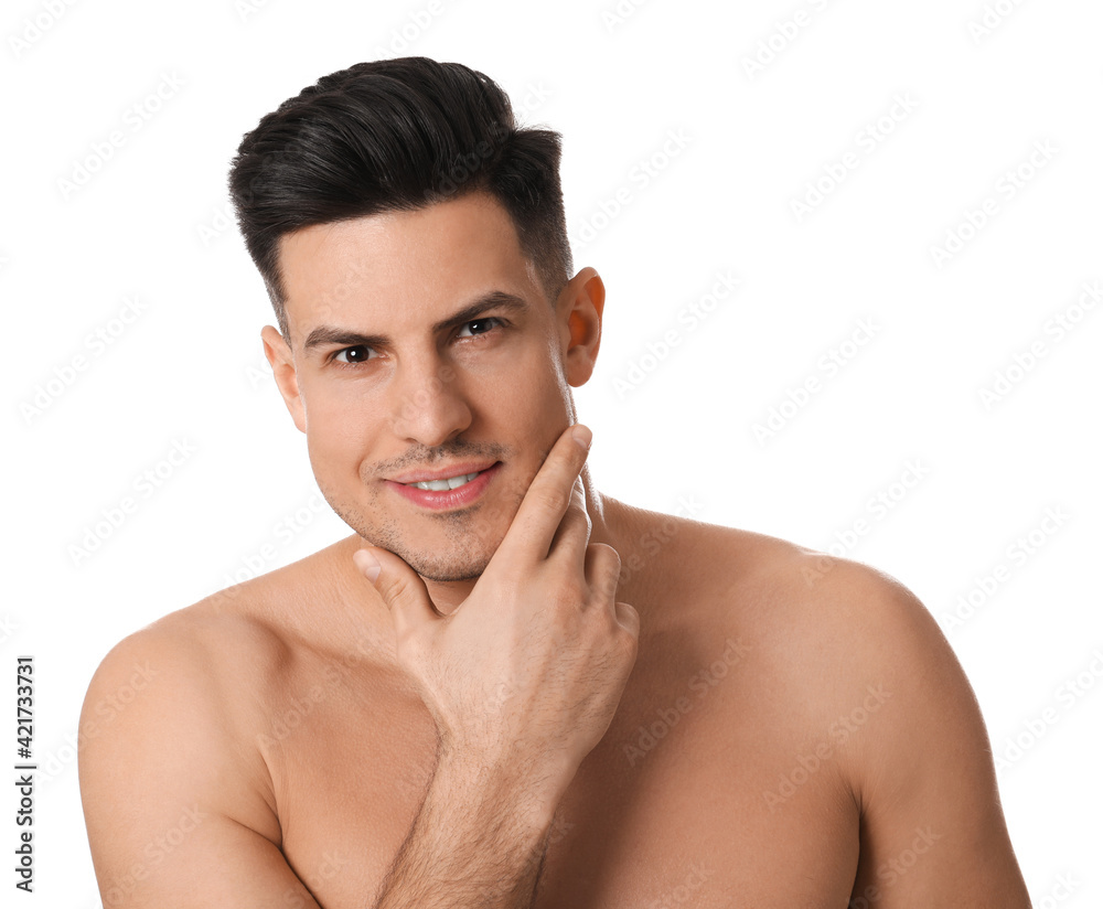 Handsome man with stubble before shaving on white background Handsome man with stubble before shaving on white background